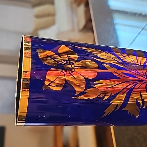 VTG VASE~CZECH/BOHEMIA~HANDMADE~COBALT BLUE/GOLDTRIM FLORAL~10" - Picture 6 of 6